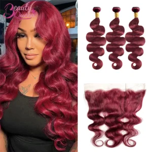 Paquets de vague de corps 99J avec fermeture paquets de cheveux humains rouge bordeaux avec frontale 13×4 dentelle couleur armure de cheveux brésiliens 3 paquets